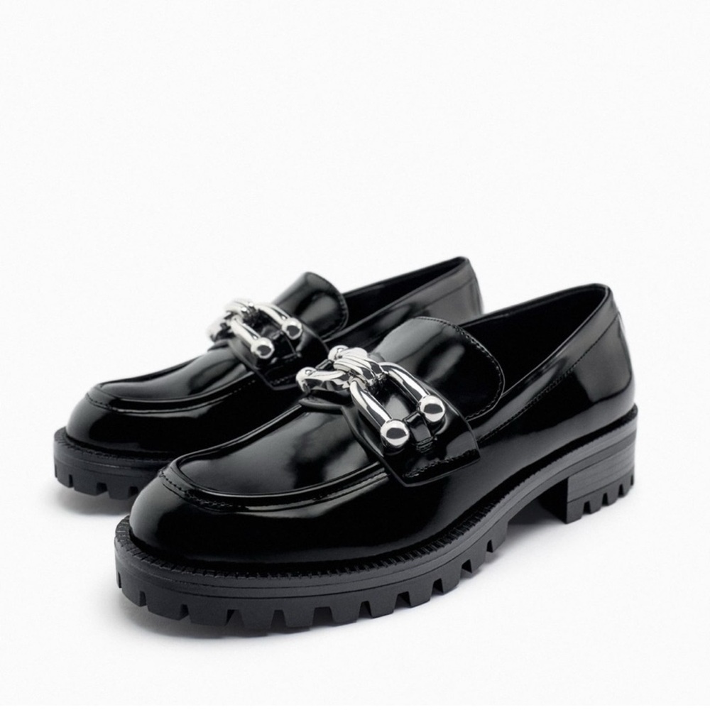ZARA LUG SOLE EMBELLISHED BUCKLE LOAFER MOCCASINS Black  EU 40 US 9